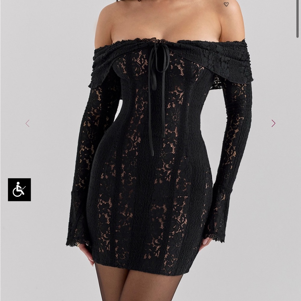 House of CB Black Sadie Mini Dress SMALL Lace Off Shoulder Long Sleeve